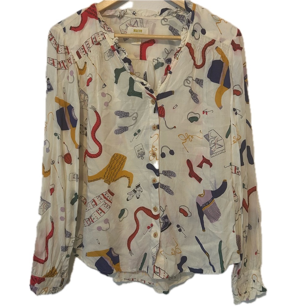 Anthropologie Maeve Snow Day cream button down ruffle blouse size 6 novelty